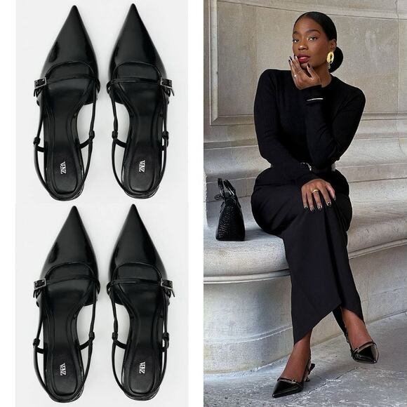 ZARA Faux Patent Leather Slingback Heels NWT 🔥 Pointed Toe Size 8 - Picture 12 of 16